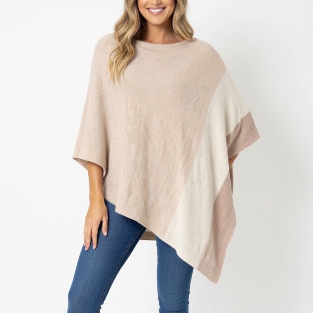 Barefoot Dreams Shaw Poncho Wrap Elegant Color Block Women's Sweater One Size